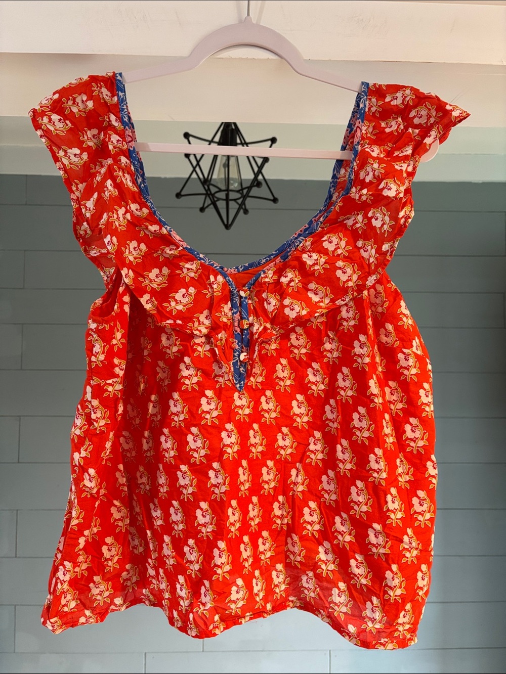 J. Crew Red Floral Ruffle Sleeve Blouse‎ with Blue Trim